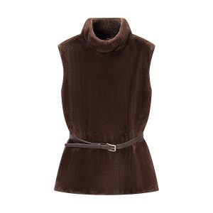 Casual Minimalist Waist Belt High Neck Fur Vest