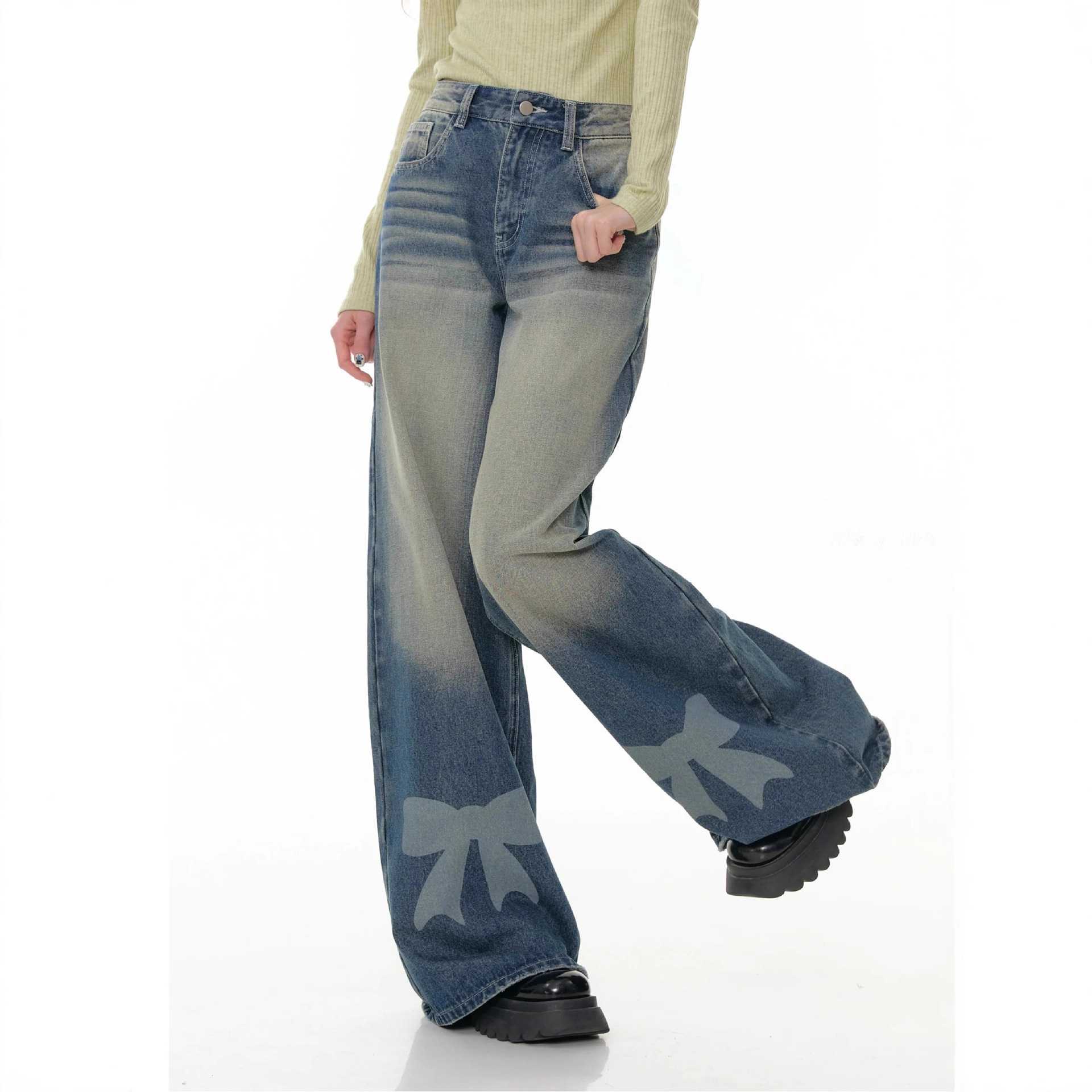 Retro Wide-leg Bow-tie Printed Washed Denim Jeans - الصورة 3