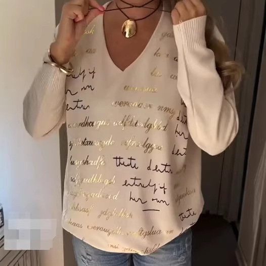 Solid-color Printed Letter Long-sleeve Top For Women - Image 2