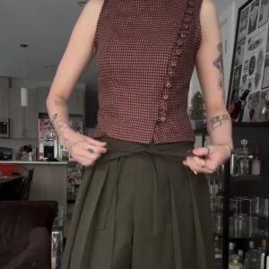 Red Black Gingham Turtleneck Sleeveless Side Ruffle Crop Top