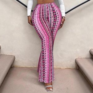 Womens Multi-color Ethnic-style Printed Striped Flared Pants High-waisted Slim-fit And Versatile