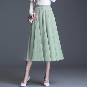 Womens Mid-Waist Pleated Flowy Mesh Lace Skirt