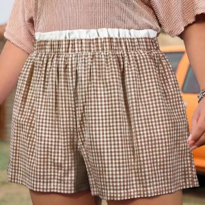 Oversized Khaki Plaid Shorts With Contrasting Trim