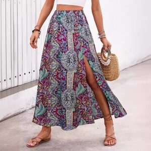Womens Ethnic-style Floral-print A-line Skirt With A Slit