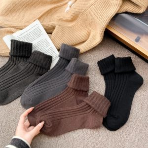 Womens Korean-style Autumnwinter Fleece-lined Chunky Solid-color Ankle Socks