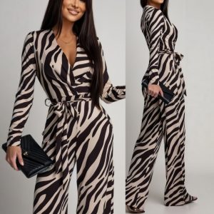 Zebra-Print V-Neck Long-Sleeve Jumpsuit European And American Fashion Style