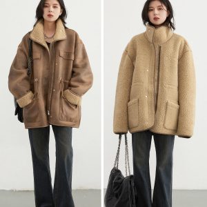 Women's Motorcycle Clothing Suede Lamb Wool Reverse Coat