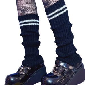 Womens Knitted Striped Black Over-the-Knee Socks
