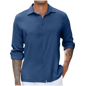 New Mens Casual Bubble-crease Shirt With A Turn-down Collar