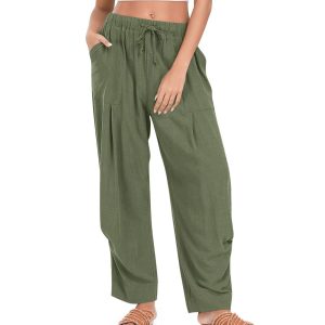Womens Solid-Color Cotton-Linen Casual Loose Straight Pockets Lounge Pants With Drawstring