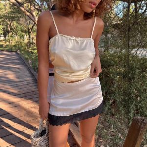 Womens Lace Skirt In Matte Satin Cropped Length