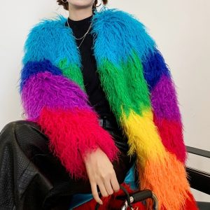 Contrast-color Plush Patchwork Coat Winter Lambswool Coat