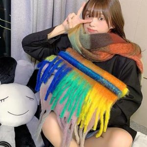Womens Warm Rainbow-Plaid Faux Cashmere Scarf
