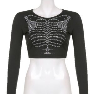 Skeleton-Design Rhinestone Crop Top Dark-Style Womens Pullover T-Shirt