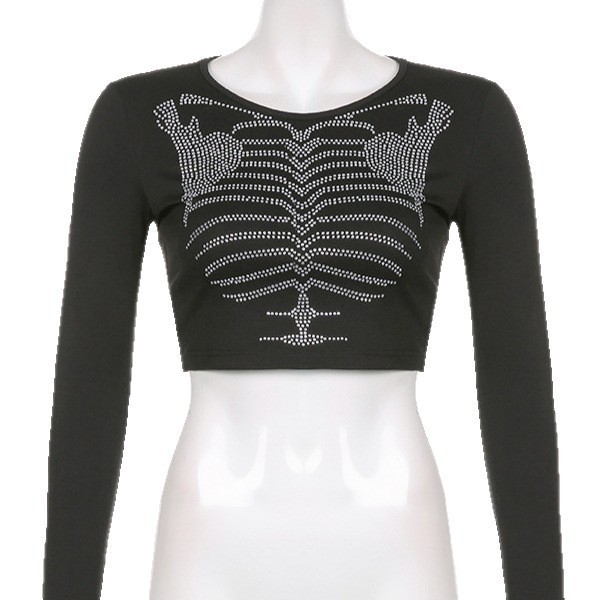 Skeleton-Design Rhinestone Crop Top Dark-Style Womens Pullover T-Shirt - Image 5