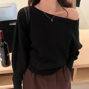 Korean-style Elegant Red Long-sleeve Knit Top With A Slanted Shoulder Design