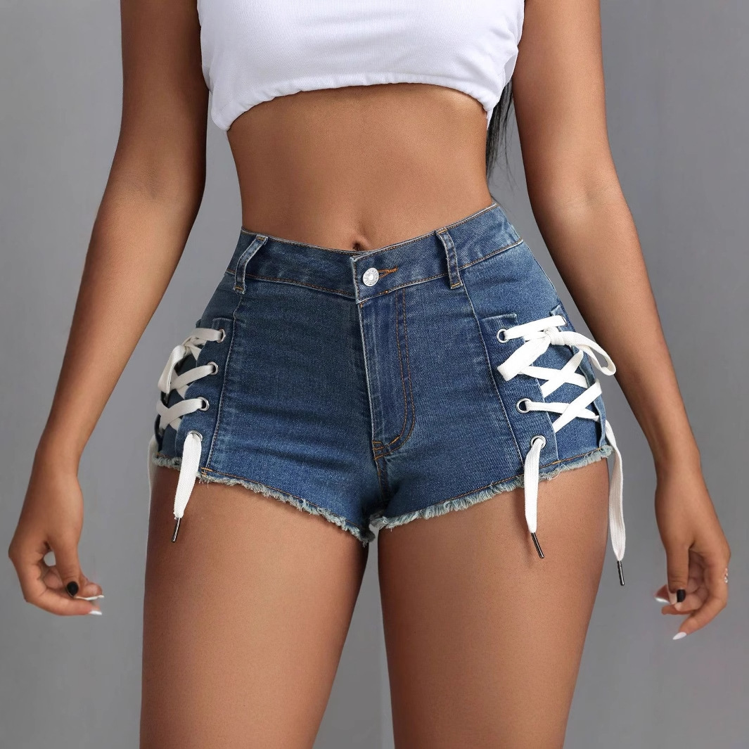 Womens Stylish Slim-Fit Personalized Elastic Denim Shorts With Ties - الصورة 2