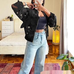 Womens Lightweight  Sheer White Lace Fabric Cropped Jacket With 3D Floral Detailing