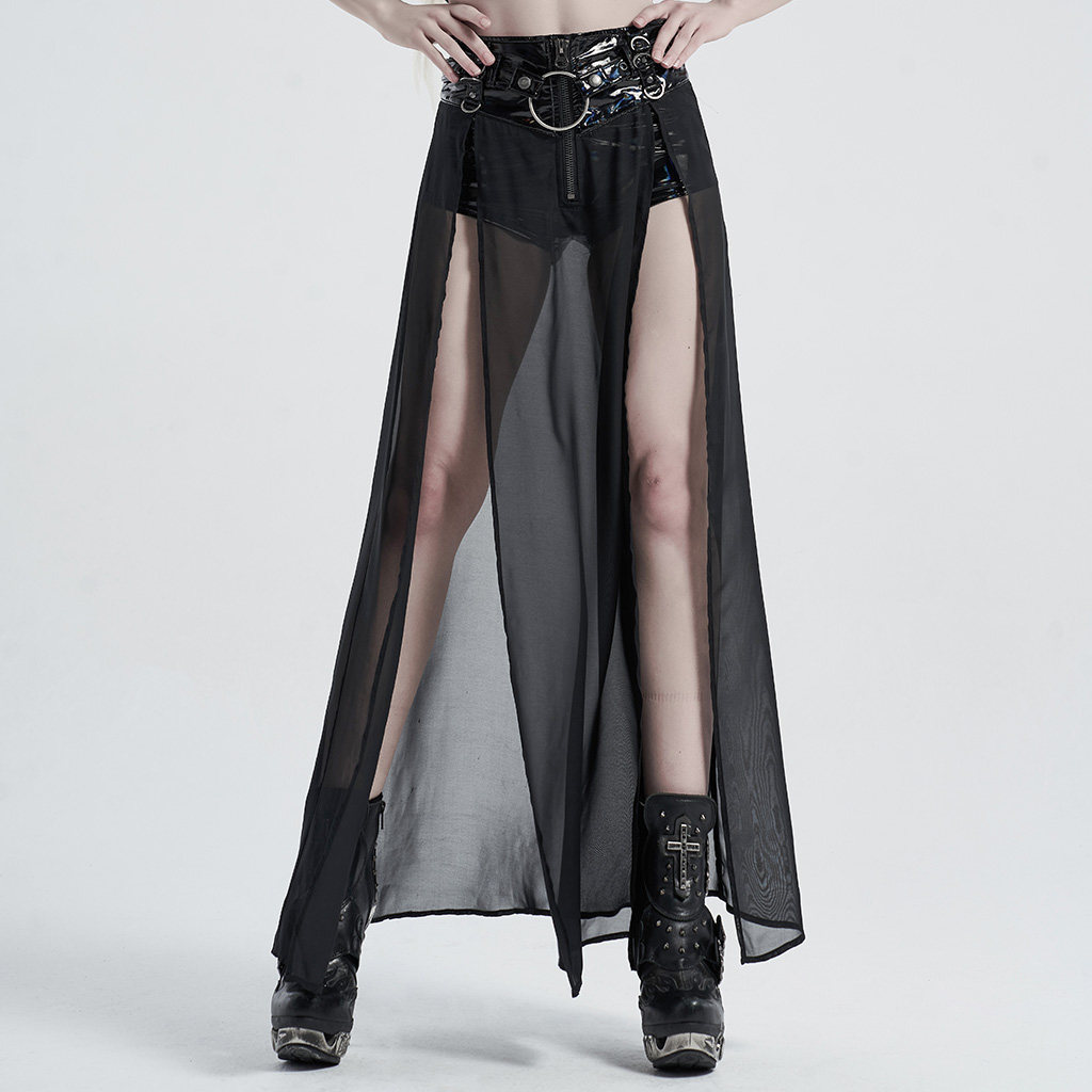 Punk-style Black Mesh Patchwork Faux Two-piece Skirt
