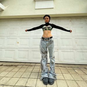 Desert Camouflage Mesh Washed And Worn Bat Jeans Couple