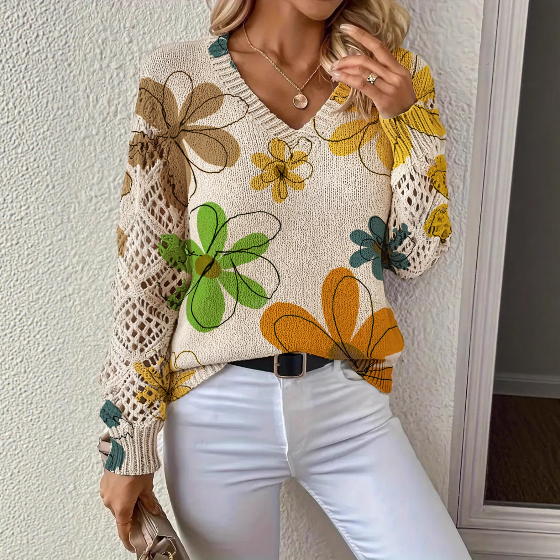 Printed Sweater With A V-neck And Long Sleeves Pullover Style - Image 2