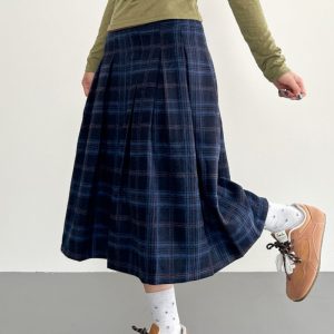 Deep Blue Plaid Preppy-Style Womens A-Line Midi Skirt