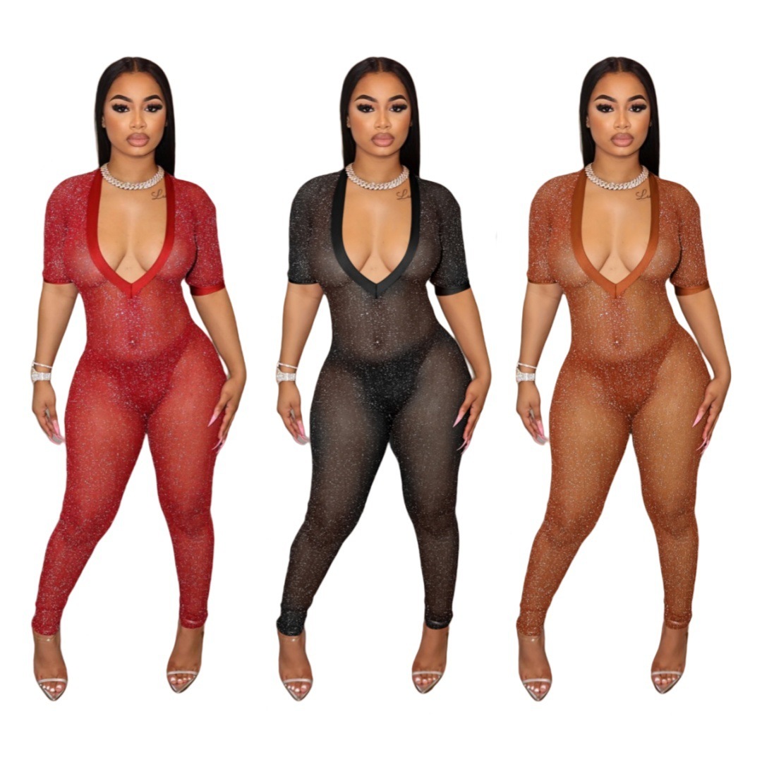 Fashionable Semi-Transparent Wide V-Neck Jumpsuit - Image 3