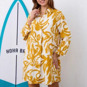 Printed Lapel Single-breasted Cardigan Shirt Dress