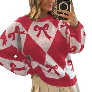 Womens Trendy Pullover Sweater With A Bow-knot Print And Long Knitted Sleeves
