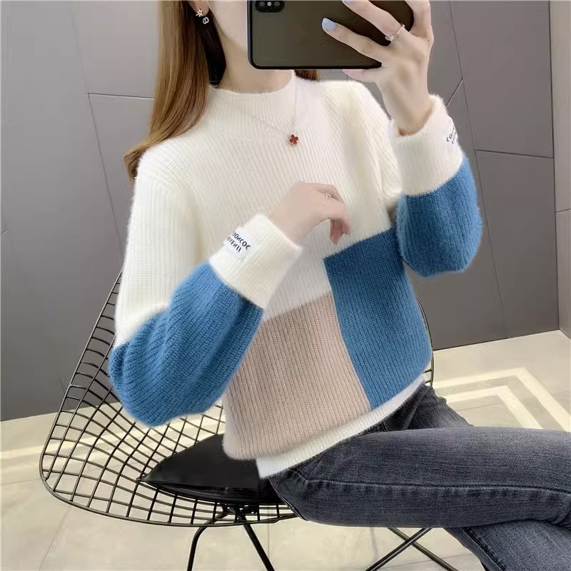 Womens High-Waisted Colorblock Mink-Blend Sweater - الصورة 6