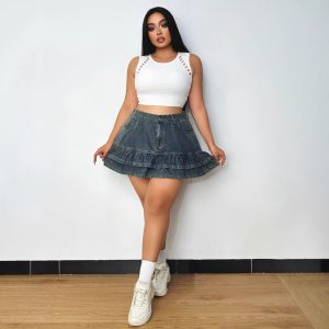 Womens Flounced A-Line High-Waist Denim Skirt