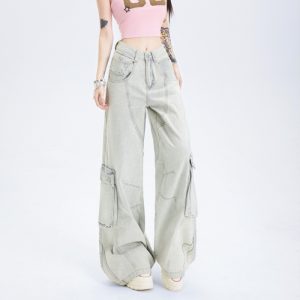 Womens Straight-Leg Multi-Pocket Workwear-Style Loose Wide-Leg Denim Jeans