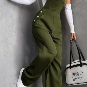 Retro Pocket Solid-Color Straight-Leg Workwear Suspender Jumpsuit