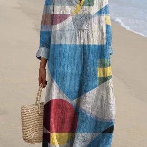 Resort Style Printed Long Sleeve For Women Loose Fitting V Neck Maxi Dress