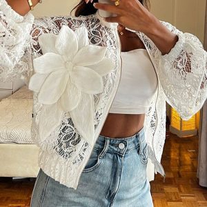 Womens Lightweight  Sheer White Lace Fabric Cropped Jacket With 3D Floral Detailing