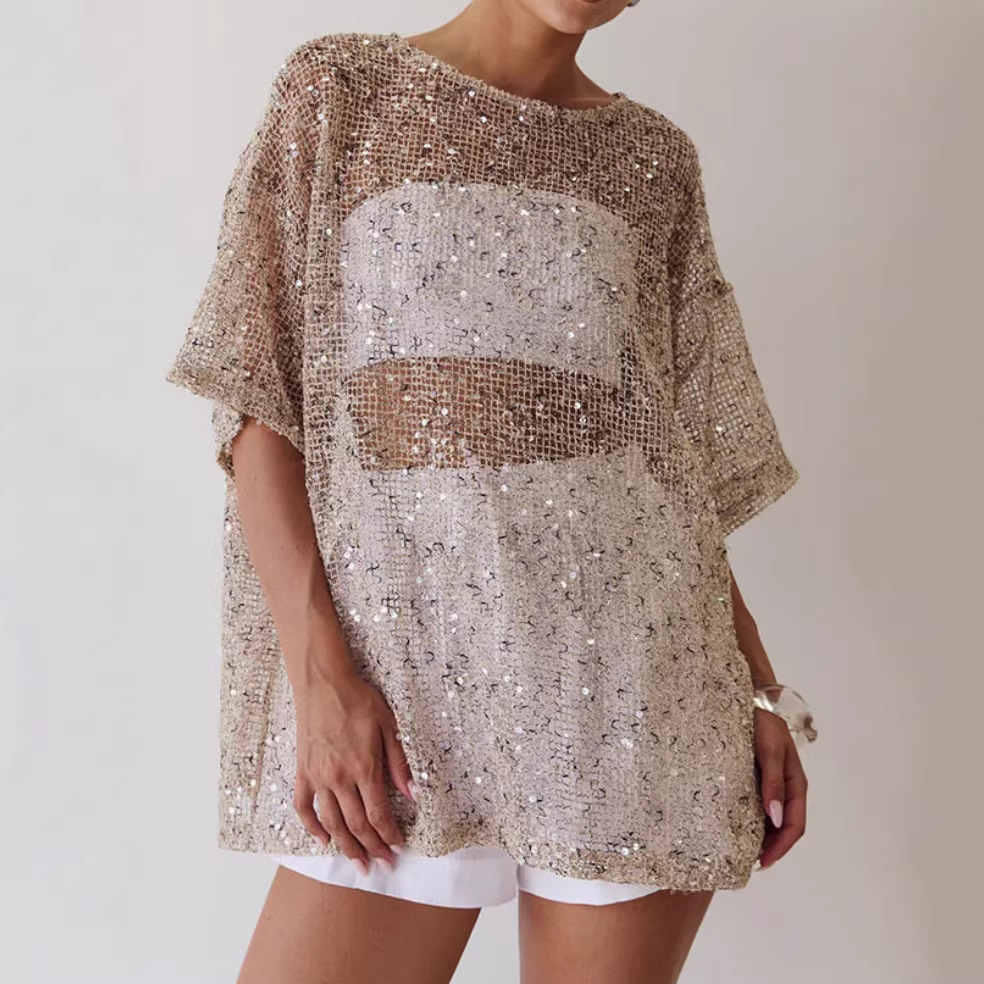 Women's Loose Sheer Mesh Sequin Blouse - Image 3