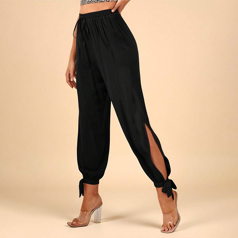 Black High-waisted Drawstring Split-leg Tie-cuff Casual Pants - Image 4