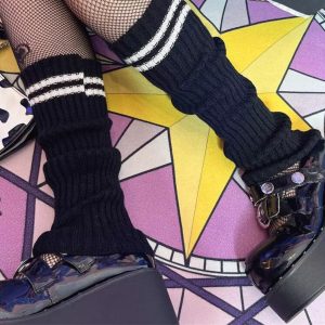 Womens Knitted Striped Black Over-the-Knee Socks