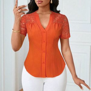 Versatile Slim-fit Embroidered Hollow-out Short-sleeve Top With A Single-breasted Design
