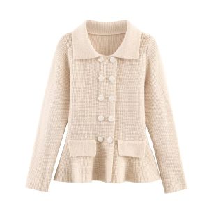 Casual Pocket Decoration Lapel Knit Sweater Jacket For Women
