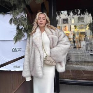 Mid Length Womens Faux Fox Fur Coat With A Blazer Style Collar