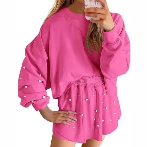 Womens Casual Long-sleeve Top And Shorts Set