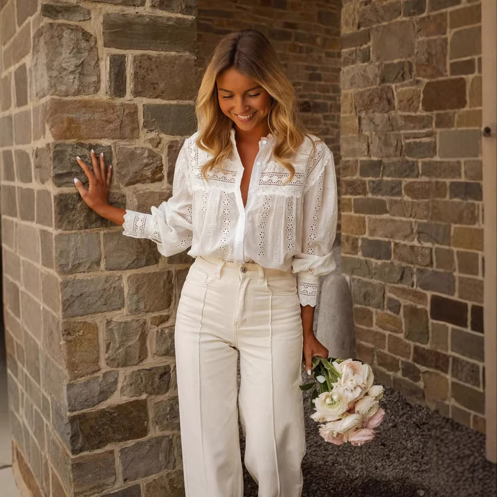 Resort-Style Solid-Color Hollow-Out Embroidered Womens Top - Image 4