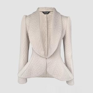 Womens Knitted Jacquard Lapel Fitted Waist Long Sleeve Coat