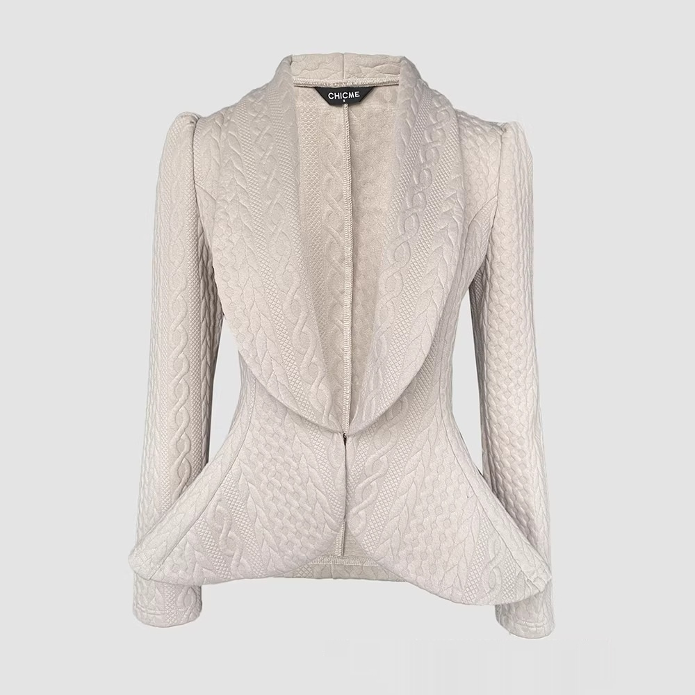 Womens Knitted Jacquard Lapel Fitted Waist Long Sleeve Coat - الصورة 3