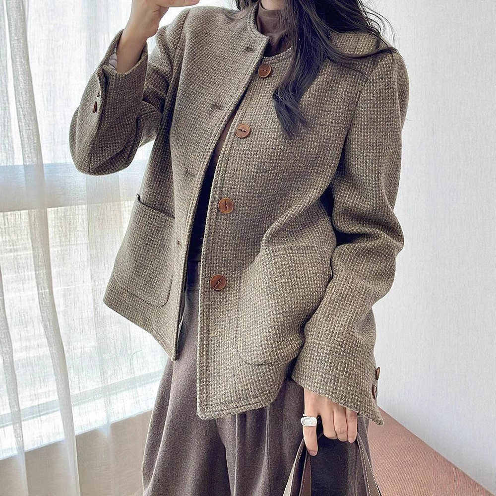 Elegant Tweed Vintage Crew-neck Coat For Women