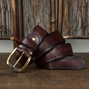 Handmade Retro Chino-style Belt With A Top-layer Cowhide Hollowed-out Design And A Casual Zinc-alloy Buckle For Denim