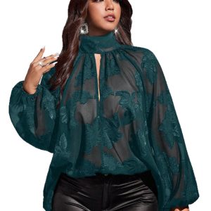 Plus-size Floral Sheer Long-sleeve Scarf-collar Chic Workwear Shirt