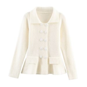Casual Pocket Decoration Lapel Knit Sweater Jacket For Women