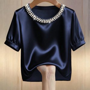 French-style Satin Pearl-collar Short Sleeves